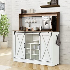 Farmhouse Coffee Wine Bar Cabinet with 6 Hooks, Sliding Barn Door, 47’’ Sideboard Buffet Cabinet with Adjustable Shelf for Kitchen, Dining Living Room, White