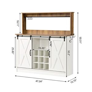 Farmhouse Coffee Wine Bar Cabinet with 6 Hooks, Sliding Barn Door, 47’’ Sideboard Buffet Cabinet with Adjustable Shelf for Kitchen, Dining Living Room, White