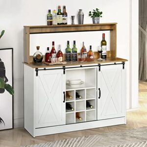 Farmhouse Coffee Wine Bar Cabinet with 6 Hooks, Sliding Barn Door, 47’’ Sideboard Buffet Cabinet with Adjustable Shelf for Kitchen, Dining Living Room, White