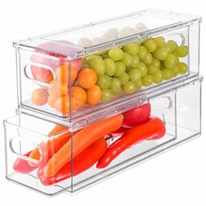 2 pack refrigerator organizer bins pull out drawers, clear stackable fridge drawer organizer with handle, fridge sliding storage bins organization with drawers for kitchen, freezer, cabinet, pantry
