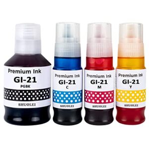 compatible refill ink bottles replacement for canon gi-21 gi21 gi-21pgbk gi-21bk gi-21c gi-21m gi-21y work for canon g3260 g2260 g1220 printers (4 packs black cyan magenta yellow)