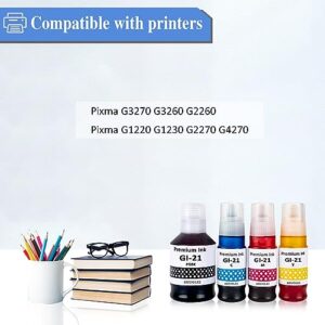 Compatible Refill Ink Bottles Replacement for Canon GI-21 GI21 GI-21PGBK GI-21BK GI-21C GI-21M GI-21Y Work for Canon G3260 G2260 G1220 Printers (4 Packs Black Cyan Magenta Yellow)