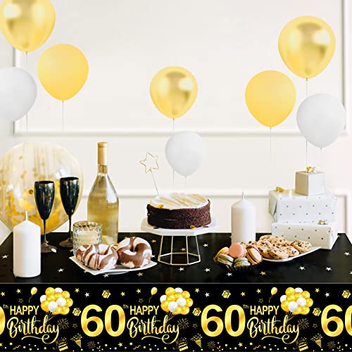 3 Pack 60th Birthday Tablecloth Decorations for Men Women, Black Gold Happy Sixty Birthday Theme Table Cover Party Supplies, 60 Year Old Birthday Plastic Disposable Rectangular Table Cloth Decor