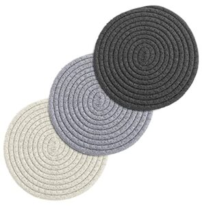 trivets pot holders set for hot dishes set of 3, hot pads for kitchen, 100% cotton trivets for hot pots and pans, spoon rest for cooking & baking, stylish coaster & hot mats (mix grey 7 inch diameter)