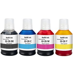 compatible refill bottle ink replacement for canon gi26 gi-26 refill pigment ink work for canon pixma gx3020 gx4020 gx5020 gx6020 gx6021 gx7020 gx7021 printers (4-pack bk 135ml cmy 70ml)