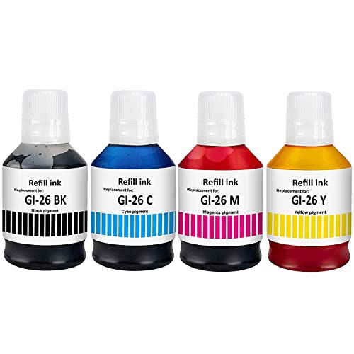 Compatible Refill Bottle Ink Replacement for Canon GI26 GI-26 Refill Pigment Ink Work for Canon PIXMA GX3020 GX4020 GX5020 GX6020 GX6021 GX7020 GX7021 Printers (4-Pack BK 135ml CMY 70ml)