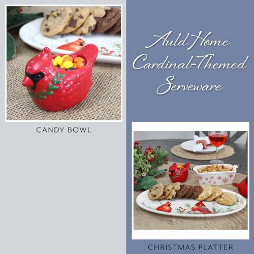 AuldHome Cardinal Ceramic Christmas Platter; Oval Holiday Serving Plate and Tray