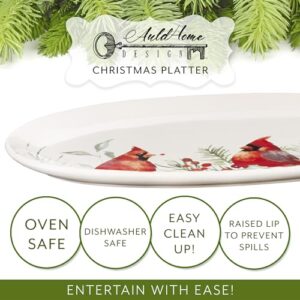 AuldHome Cardinal Ceramic Christmas Platter; Oval Holiday Serving Plate and Tray