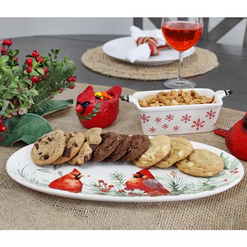 AuldHome Cardinal Ceramic Christmas Platter; Oval Holiday Serving Plate and Tray