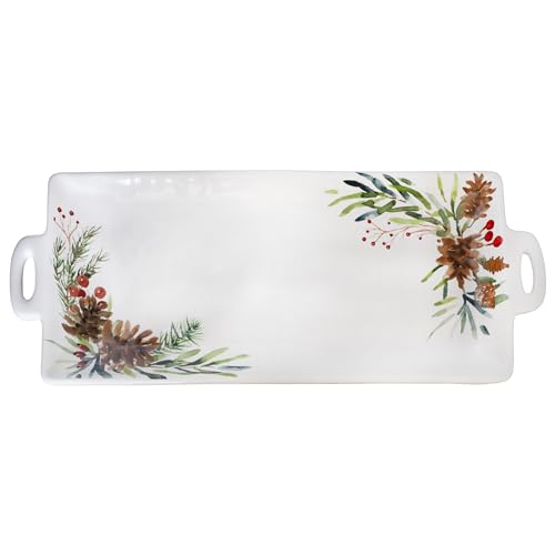 AuldHome Christmas Greenery Ceramic Platter; Long Rectangular Holiday Decorative Serving Tray