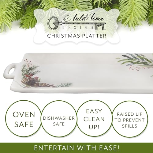 AuldHome Christmas Greenery Ceramic Platter; Long Rectangular Holiday Decorative Serving Tray