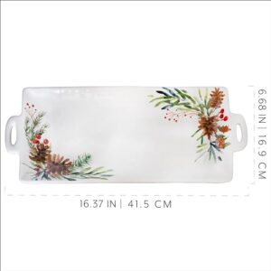 AuldHome Christmas Greenery Ceramic Platter; Long Rectangular Holiday Decorative Serving Tray