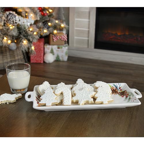 AuldHome Christmas Greenery Ceramic Platter; Long Rectangular Holiday Decorative Serving Tray