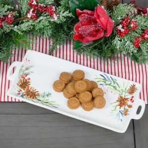 AuldHome Christmas Greenery Ceramic Platter; Long Rectangular Holiday Decorative Serving Tray