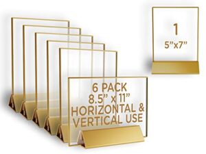 gold acrylic sign holder 8.5 x 11, gold frame, acrylic paper holder stand, plastic display stands 8.5x11, double sided vertical or horizontal menu holders for restaurant, clear paper stand display, flyer holder 8.5 x 11, clear acrylic picture frame, (6 pa