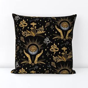 Spoonflower Square Throw Pillow, 18", Velvet - Celestial Witch Black Stars Gold Keys Sun Ferns Print Throw Pillow Cover w/Insert