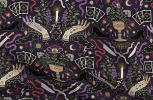 spoonflower fabric - witch life purple cards cat plants crystals magic moon mushrooms black printed on petal signature cotton fabric fat quarter - sewing quilting apparel crafts decor