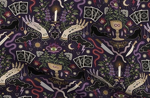 Spoonflower Fabric - Witch Life Purple Cards Cat Plants Crystals Magic Moon Mushrooms Black Printed on Petal Signature Cotton Fabric Fat Quarter - Sewing Quilting Apparel Crafts Decor