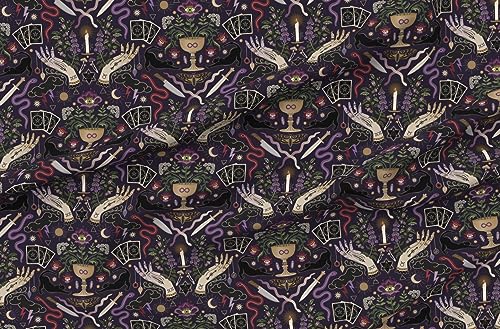 Spoonflower Fabric - Witch Life Purple Cards Cat Plants Crystals Magic Moon Mushrooms Black Printed on Petal Signature Cotton Fabric Fat Quarter - Sewing Quilting Apparel Crafts Decor