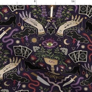 Spoonflower Fabric - Witch Life Purple Cards Cat Plants Crystals Magic Moon Mushrooms Black Printed on Petal Signature Cotton Fabric Fat Quarter - Sewing Quilting Apparel Crafts Decor