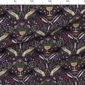 Spoonflower Fabric - Witch Life Purple Cards Cat Plants Crystals Magic Moon Mushrooms Black Printed on Petal Signature Cotton Fabric Fat Quarter - Sewing Quilting Apparel Crafts Decor