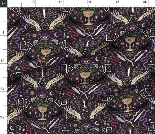 Spoonflower Fabric - Witch Life Purple Cards Cat Plants Crystals Magic Moon Mushrooms Black Printed on Petal Signature Cotton Fabric Fat Quarter - Sewing Quilting Apparel Crafts Decor
