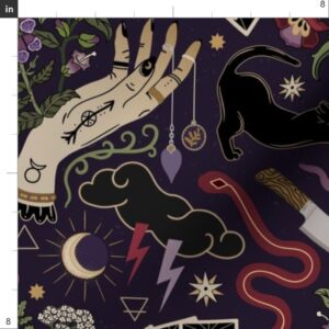 Spoonflower Fabric - Witch Life Purple Cards Cat Plants Crystals Magic Moon Mushrooms Black Printed on Petal Signature Cotton Fabric Fat Quarter - Sewing Quilting Apparel Crafts Decor