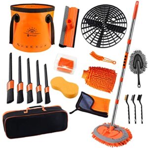 pxvdyq 19pcs car wash kit,62" car wash brush mop with long handle,car cleaning kit,car detailing brush set,car wash bucket with dirt trap, complete car cleaning supplies,orange