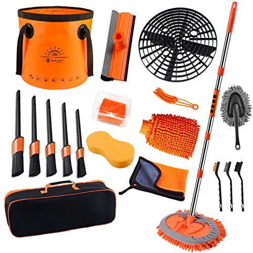 PXVDYQ 19pcs Car Wash Kit,62" Car Wash Brush Mop with Long Handle,Car Cleaning Kit,Car Detailing Brush Set,Car Wash Bucket with Dirt Trap, Complete Car Cleaning Supplies,Orange