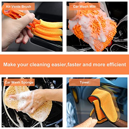 PXVDYQ 19pcs Car Wash Kit,62" Car Wash Brush Mop with Long Handle,Car Cleaning Kit,Car Detailing Brush Set,Car Wash Bucket with Dirt Trap, Complete Car Cleaning Supplies,Orange