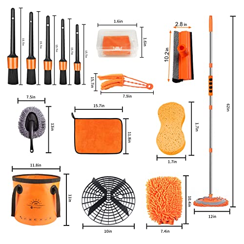 PXVDYQ 19pcs Car Wash Kit,62" Car Wash Brush Mop with Long Handle,Car Cleaning Kit,Car Detailing Brush Set,Car Wash Bucket with Dirt Trap, Complete Car Cleaning Supplies,Orange