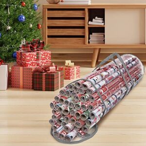 Primode Wrapping Paper Storage Bag, Gift Wrap Organizer, Fits 40 Inch Long Rolls, Hold Up to 24 Rolls, Heavy Duty Clear PVC Bag with Top and Side Handles (Gray)
