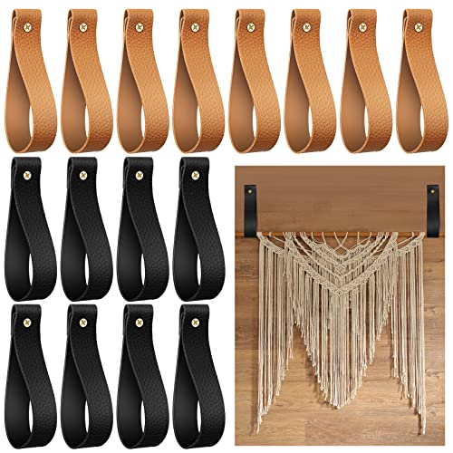 16 Pcs Artificial Leather Wall Hooks 1 x 4.7 Inches Wall Hanging Strap Wall Mounted Loop for Hanging Leather Strap Hangers for Bathroom Kitchen Bedroom Towel Holder Supplies, Black and Brown