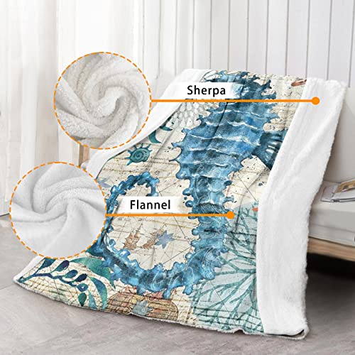 Sea Horse Sherpa Throw Blankets Winter Bed Blanket Decorative Sofa Sea Nautical Theme Decorations Gift Blanket 50x60 Inch with 2 Pillowcase for Sea Horse Lovers Animal Lovers