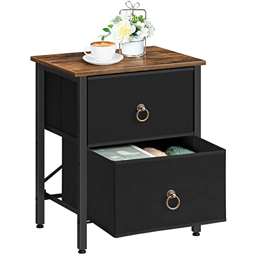 HOOBRO Nightstand, 2 Drawer Dresser for Bedroom, End Tables with Fabric Storage Drawer, Small Dresser Furniture, Night Stand, Side Table for Bedroom, Closet, Entryway, Rustic Brown and Black BF82BZ01