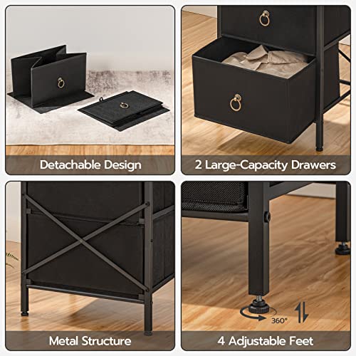 HOOBRO Nightstand, 2 Drawer Dresser for Bedroom, End Tables with Fabric Storage Drawer, Small Dresser Furniture, Night Stand, Side Table for Bedroom, Closet, Entryway, Rustic Brown and Black BF82BZ01