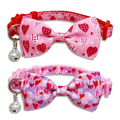 Valentine Bow Tie Cat Collar Set with Bell, Holiday Pink Heart and Heart Balloons Cat Collar for Boys and Girls Kitty Kittens