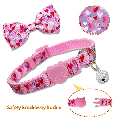 Valentine Bow Tie Cat Collar Set with Bell, Holiday Pink Heart and Heart Balloons Cat Collar for Boys and Girls Kitty Kittens