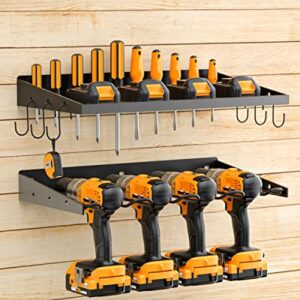 Spampur Power Tool Organizer With Charging Station, Drill Holder Wall Mount, Garage Storage Shelves for Organization, Heavy Duty Tool Shelf & Pegboard Wall Organizer Set Solid Metal 2 Pack