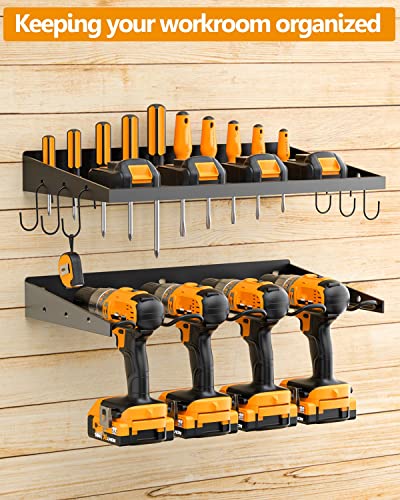 Spampur Power Tool Organizer With Charging Station, Drill Holder Wall Mount, Garage Storage Shelves for Organization, Heavy Duty Tool Shelf & Pegboard Wall Organizer Set Solid Metal 2 Pack