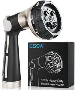 esow garden hose nozzle 100% heavy duty metal, water hose sprayer with 8 watering patterns, thumb control on off valve, high pressure nozzle sprayer for watering plants, car and pet washing, black