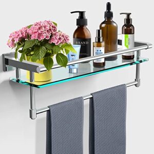 sfgsowor 21inch bathroom glass shelf with towel bar/towel rack wall mounted tempered glass shelf storage hotel towel storage rack sus304 rustproof stainless steel chrome plated finish