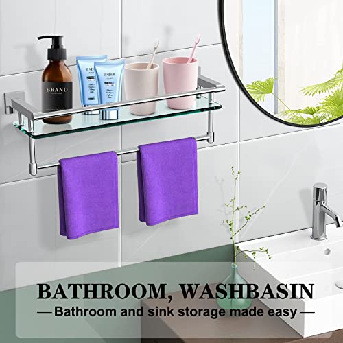 SFGSOWOR 21inch Bathroom Glass Shelf with Towel Bar/Towel Rack Wall Mounted Tempered Glass Shelf Storage Hotel Towel Storage Rack Sus304 Rustproof Stainless Steel Chrome Plated Finish