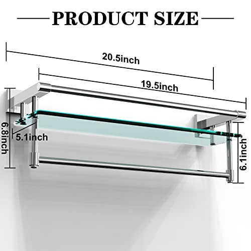 SFGSOWOR 21inch Bathroom Glass Shelf with Towel Bar/Towel Rack Wall Mounted Tempered Glass Shelf Storage Hotel Towel Storage Rack Sus304 Rustproof Stainless Steel Chrome Plated Finish