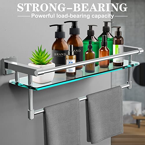 SFGSOWOR 21inch Bathroom Glass Shelf with Towel Bar/Towel Rack Wall Mounted Tempered Glass Shelf Storage Hotel Towel Storage Rack Sus304 Rustproof Stainless Steel Chrome Plated Finish