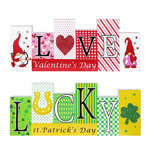 Reversible Valentine's Day/St. Patrick’s Day Decorations Wooden Sign, Double-Sided Valentines & St. Patrick’s Day Theme Farmhouse Table Centerpiece Decor Indoor for Home Mantle Shelf Tiered Tray Decor