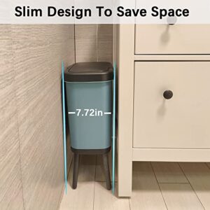 URALFA Slim Bathroom Trash Can with Lid, Narrow Garbage Can 4 Gallon Trash Can with Press Top Lid, Plastic Kitchen Trash Bin Dog Proof Trash Can for Bedroom, Toilet, Living Room, Office & RV, Blue