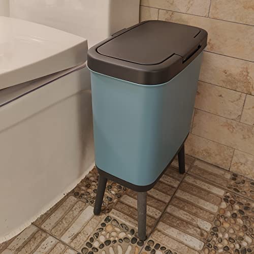 URALFA Slim Bathroom Trash Can with Lid, Narrow Garbage Can 4 Gallon Trash Can with Press Top Lid, Plastic Kitchen Trash Bin Dog Proof Trash Can for Bedroom, Toilet, Living Room, Office & RV, Blue