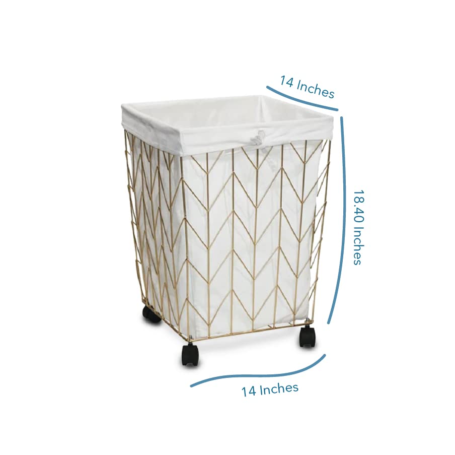 SEDLAV Metal Laundry Hamper with Wheels, Gold & Natural, Square Chevron Pattern