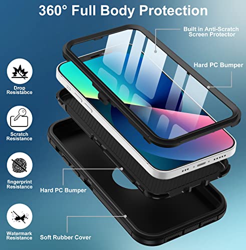Aimoll-88 for iPhone 13 Case, iPhone 14 Case,with Built in Screen Protector Heavy Duty Drop Protective Phone Case, Military Grade Full Body Shockproof Dust Proof Cover for Apple iPhone 13 (Black II)